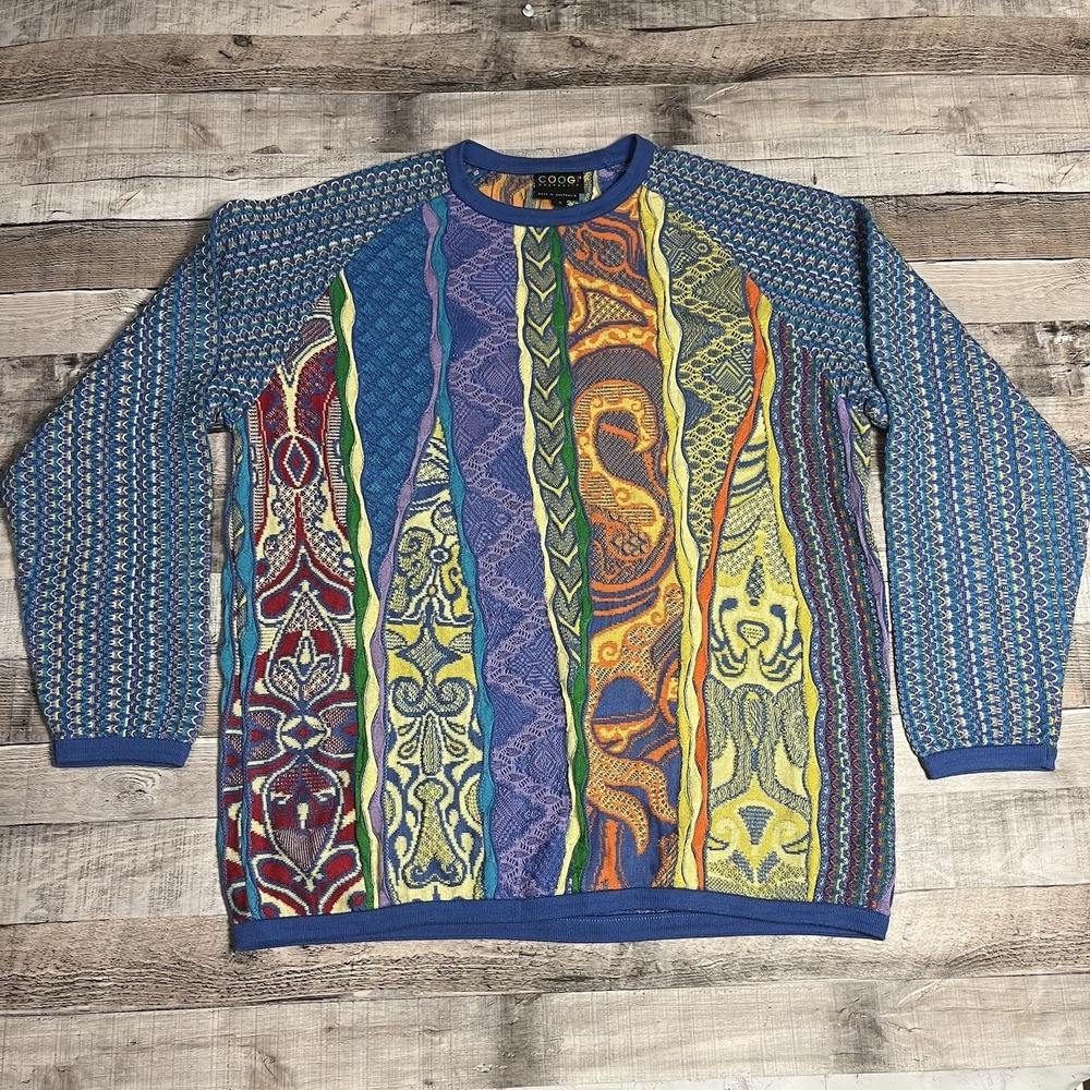 Coogi Sweater Men's Large Blue Vintage Heavy Knit Knitted Ugly Sweater
